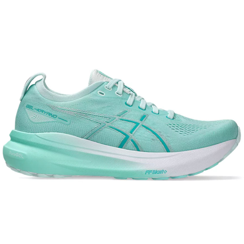 Side view on white background of Womens Asics Gel-Kayano running shoe in Illuminate Mint/Pure Silver, Wide width