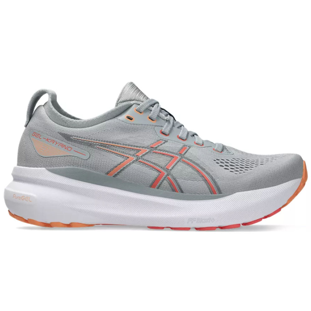 Side view on white background of Womens Asics Gel-Kayano running shoe in Piedmont Grey/Papaya, Medium (Regular) width