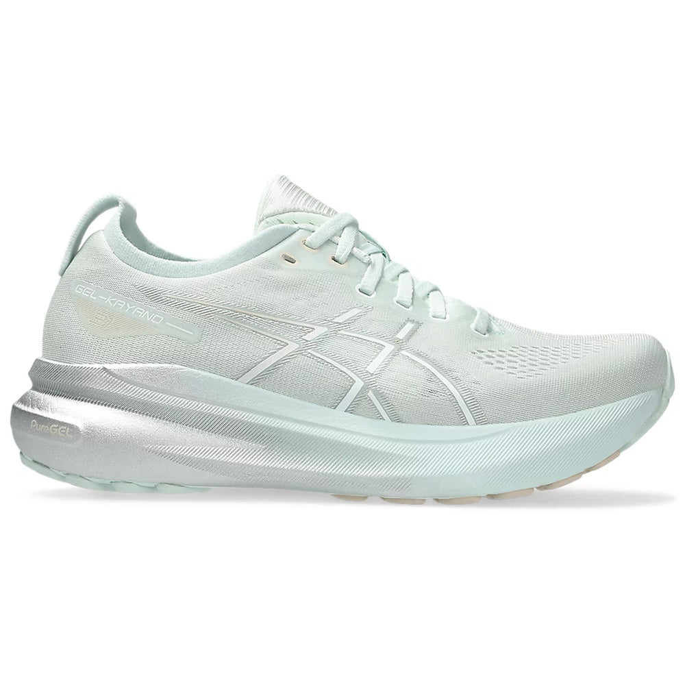 Side view on white background of Womens Asics Gel-Kayano running shoe in Pure Aqua/Pure Silver, Medium (Regular) width