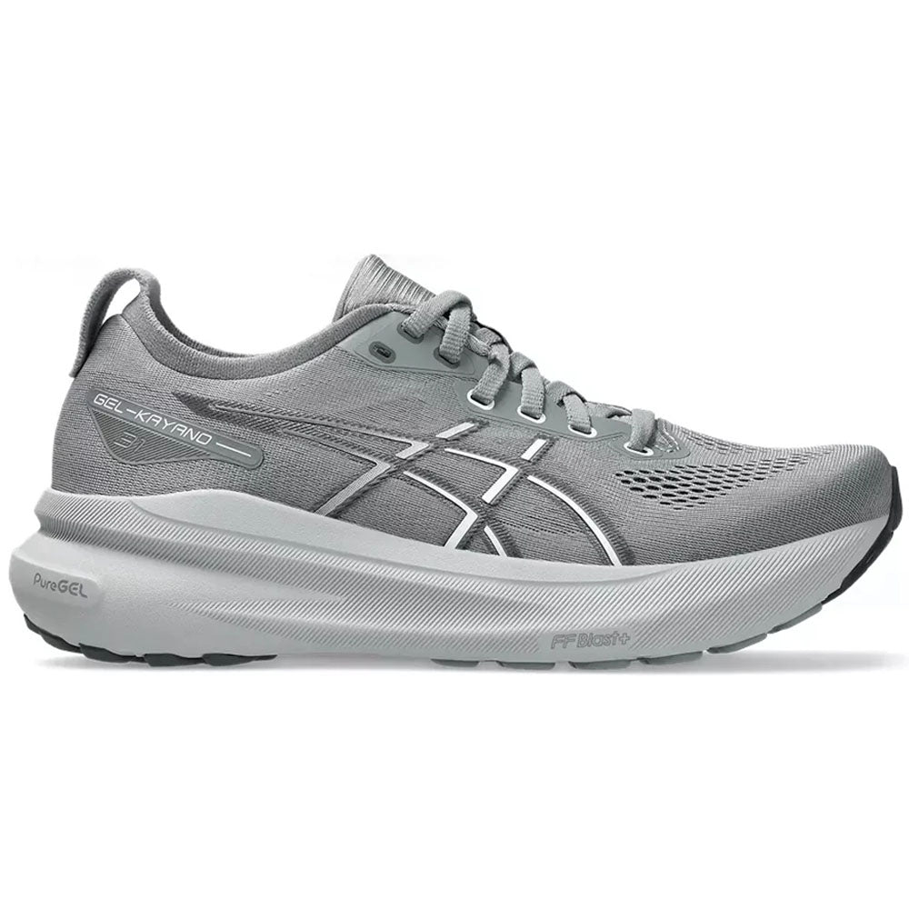 Side view on white background of Womens Asics Gel-Kayano running shoe in Sheet Rock/White, Medium (Regular) width