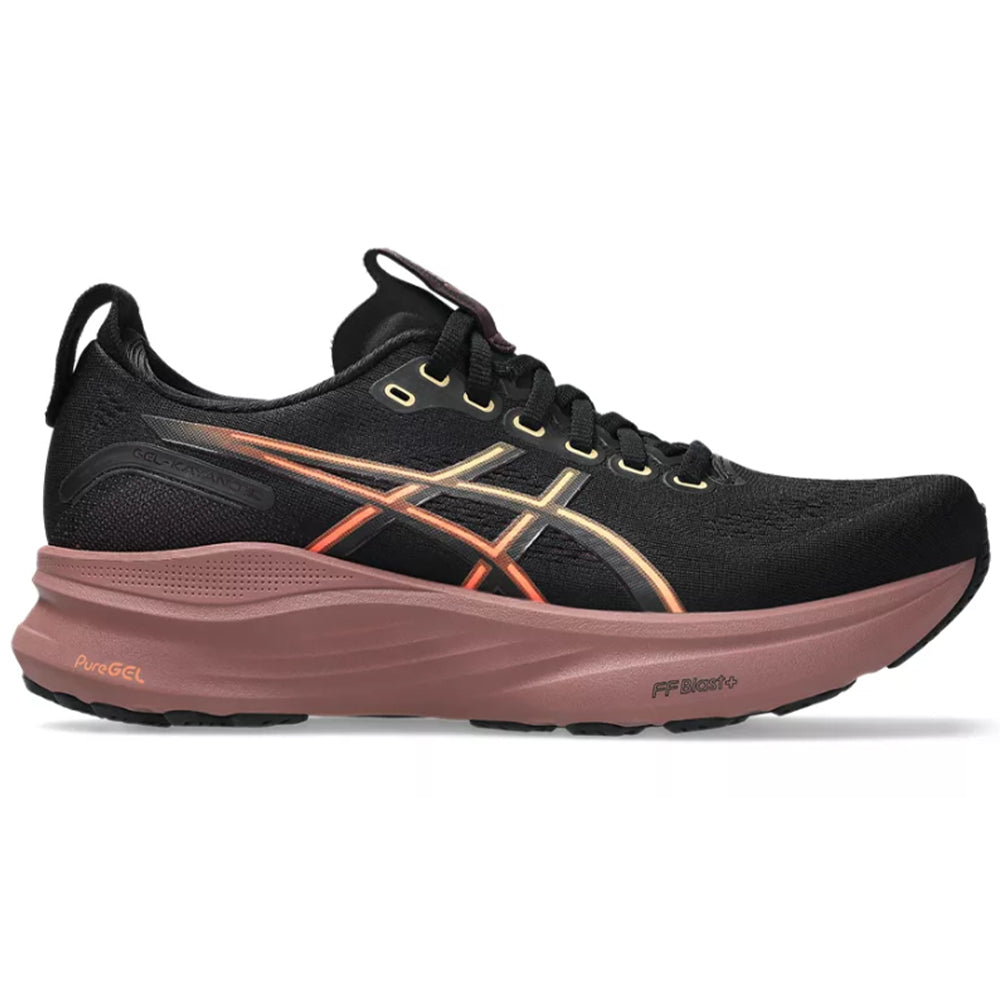 Side view on white background of Womens Asics Gel-Kayano running shoe in Black/Dark Currant, Medium (Regular) width