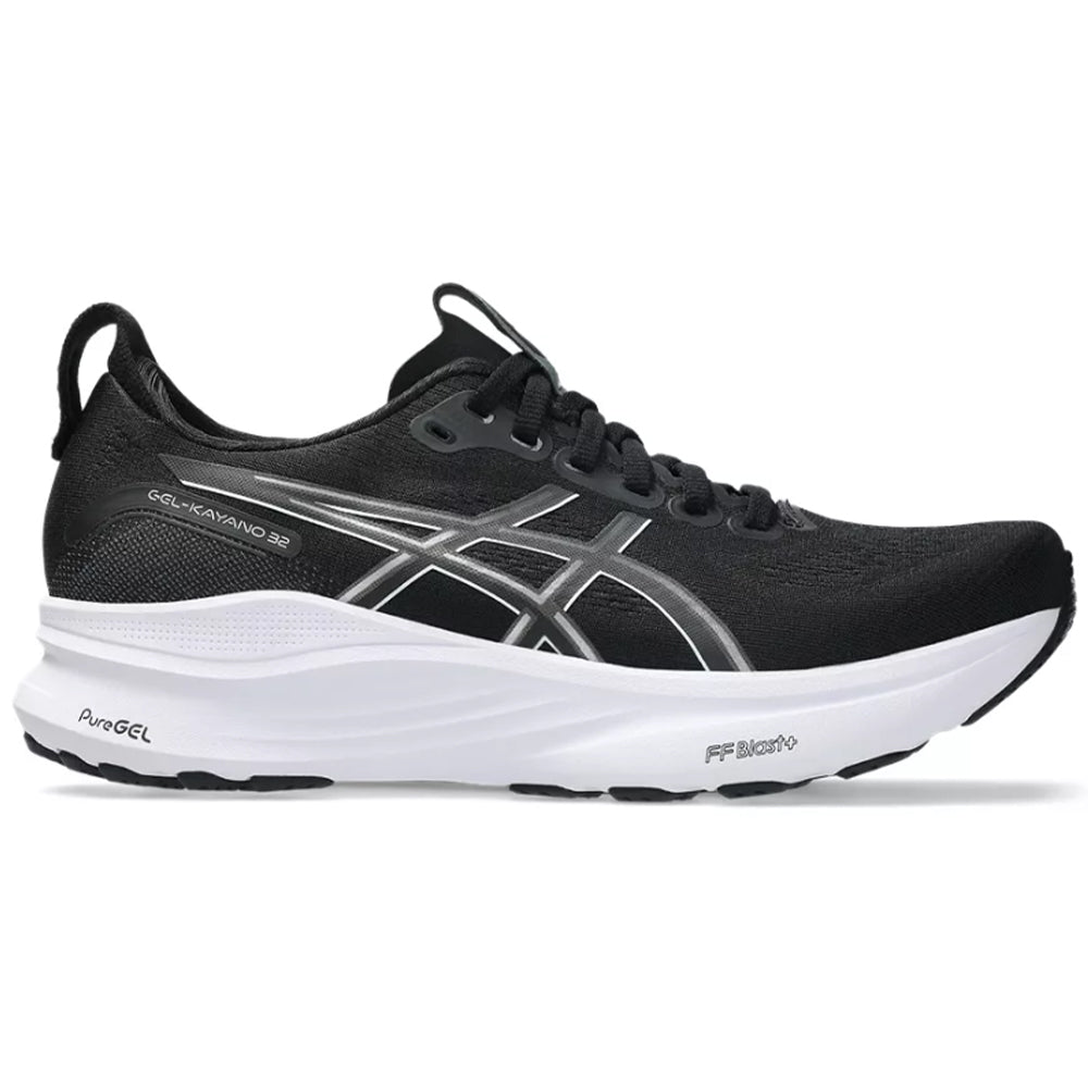 Side view on white background of Womens Asics Gel-Kayano running shoe in Black/White, Wide width