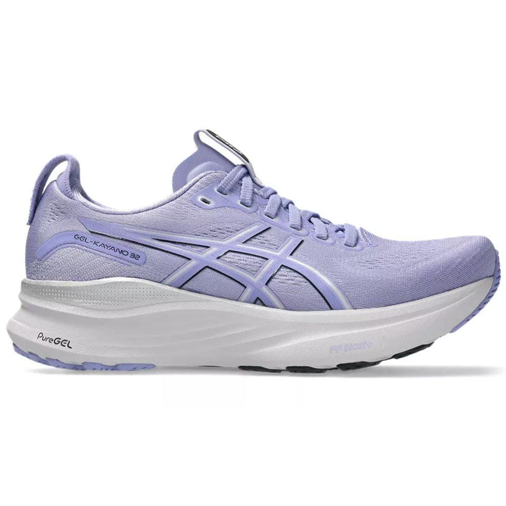 Side view on white background of Womens Asics Gel-Kayano running shoe in Bluebell/Pure Silver, Wide width