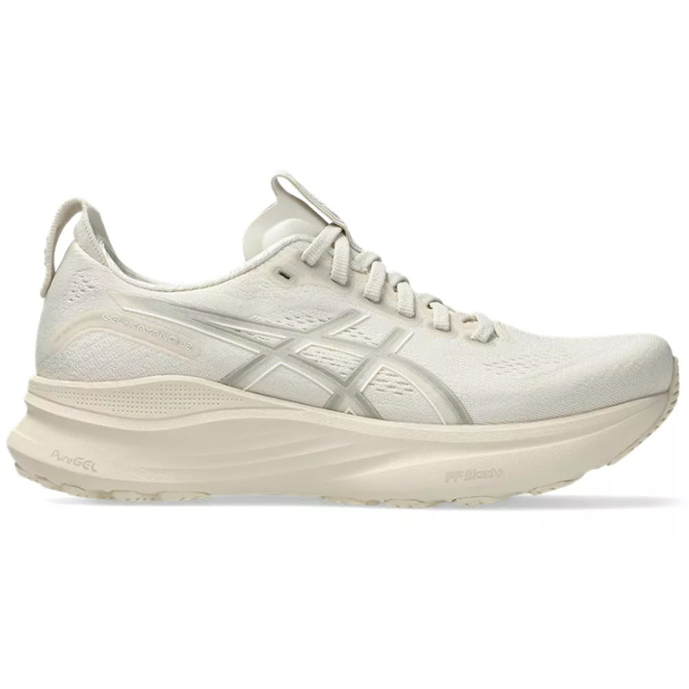 Side view on white background of Womens Asics Gel-Kayano running shoe in Oatmeal/Meteor Grey, Medium (Regular) width