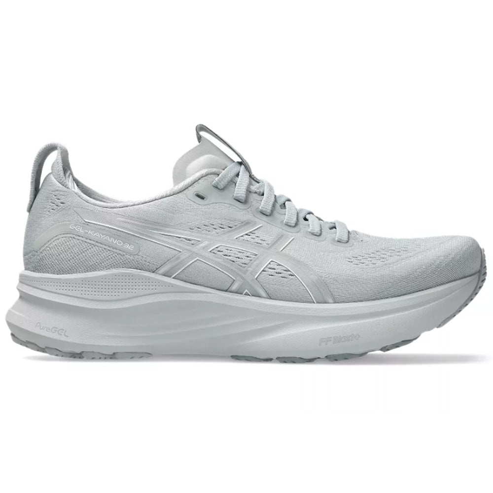 Side view on white background of Womens Asics Gel-Kayano running shoe in Piedmont Grey/Gravel, Medium (Regular) width