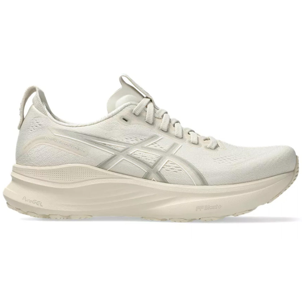 Side view on white background of Womens Asics Gel-Kayano running shoe in White/Orange Glow, Wide width