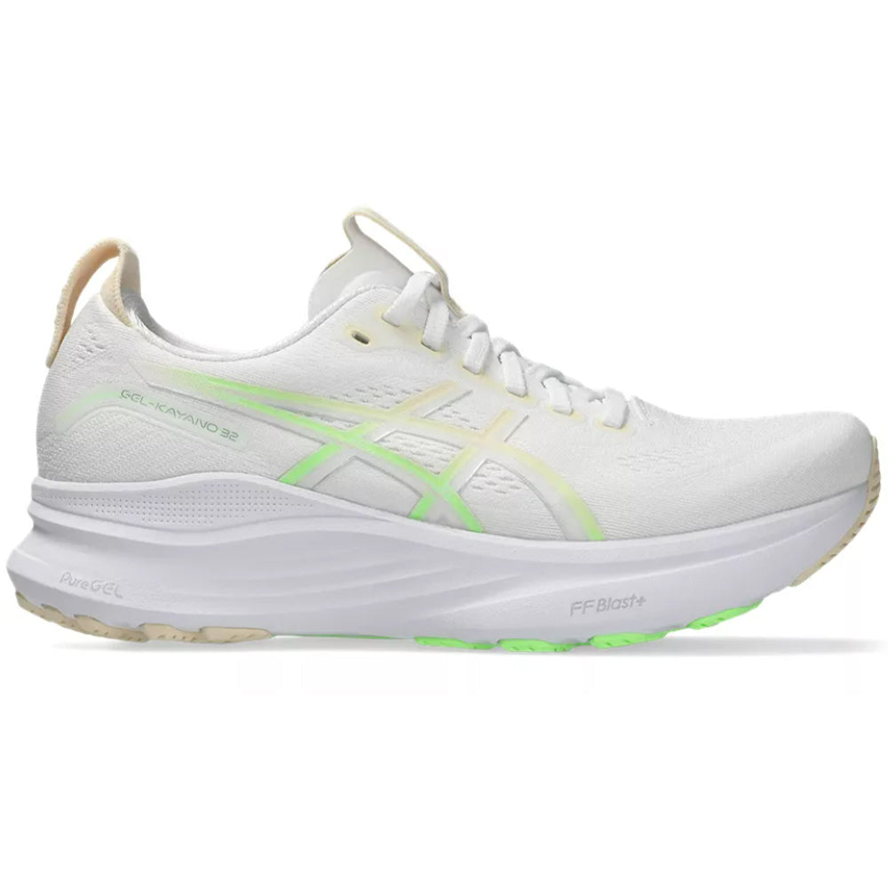 Side view on white background of Womens Asics Gel-Kayano running shoe in White/Seashell, Medium (Regular) width