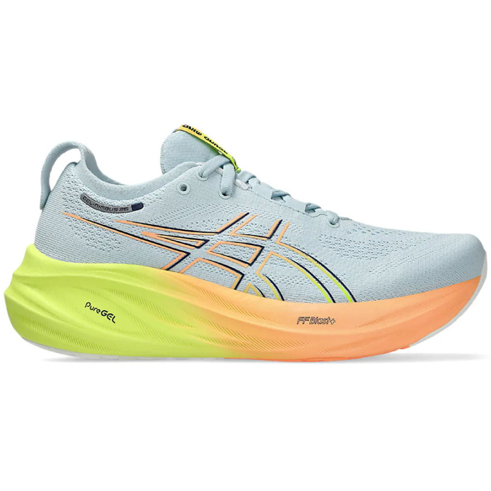 Side view on white background of Womens Asics Gel-Nimbus running shoe in Cool Grey/Safety Yellow, Medium (Regular) width