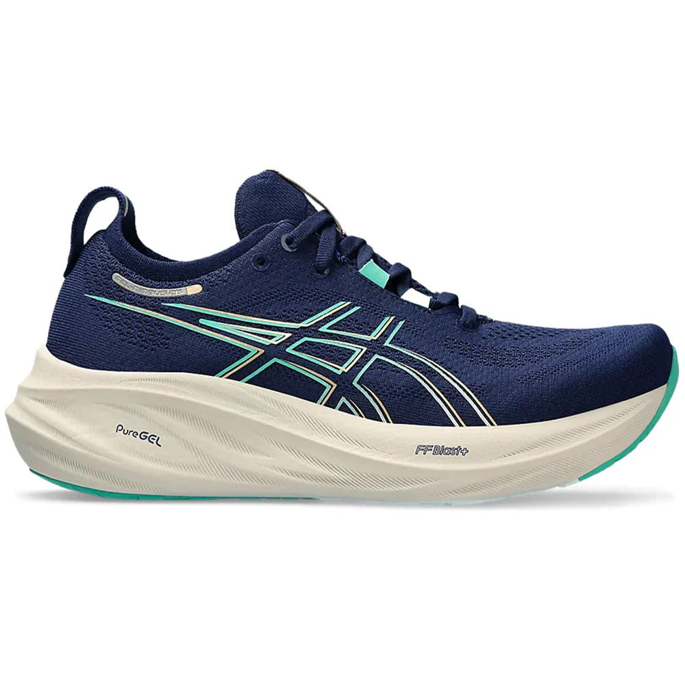 Side view on white background of Womens Asics Gel-Nimbus running shoe in Blue Expanse/Aurora Green, Wide width