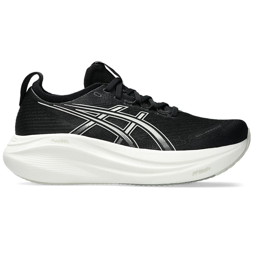 Side view on white background of Womens Asics Gel-Nimbus 27 running shoe in Black/Lake Grey, Narrow width