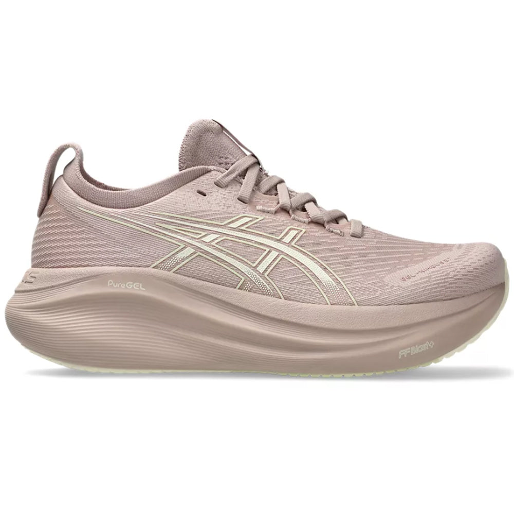 Side view on white background of Womens Asics Gel-Nimbus running shoe in Fawn/Birch, Medium (Regular) width