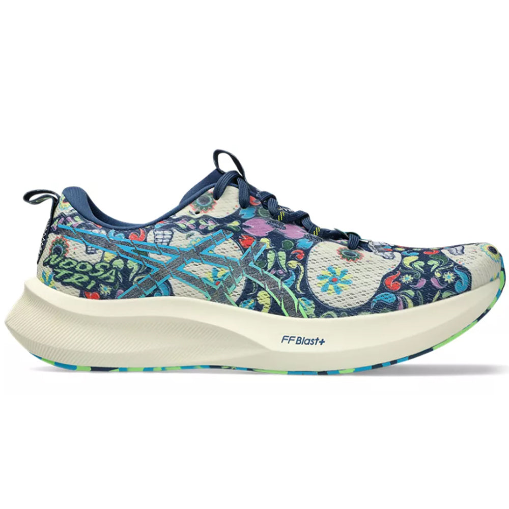 Side view on white background of Mens Asics Noosa Tri running shoe in Midnight Blue/Lime Burst, Medium (Regular) width