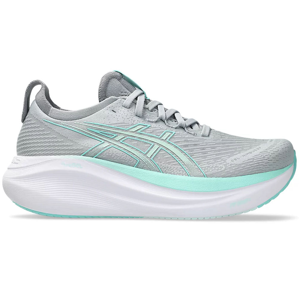 Side view on white background of Womens Asics Gel-Nimbus running shoe in Piedmont Grey/Illuminate Mint, Wide width