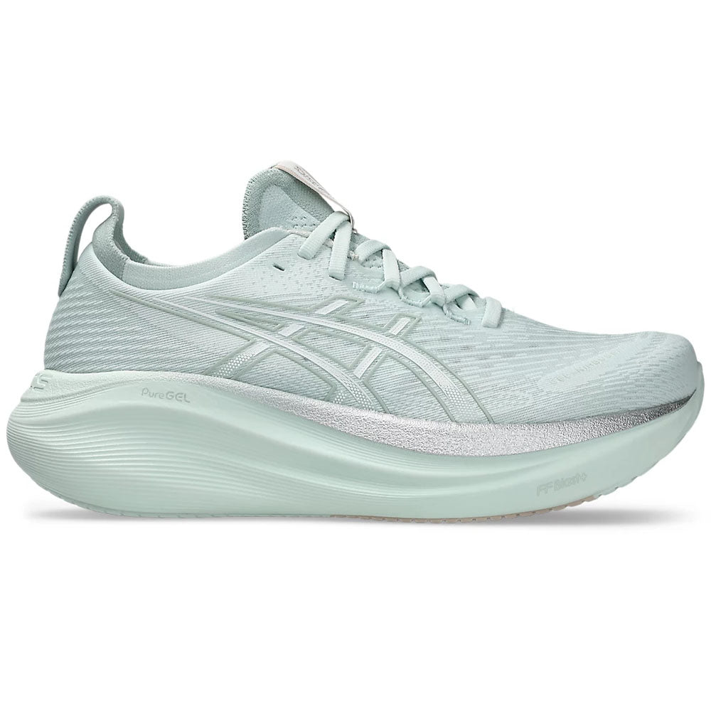 Side view on white background of Womens Asics Gel-Nimbus running shoe in Pure Aqua/White, Medium (Regular) width
