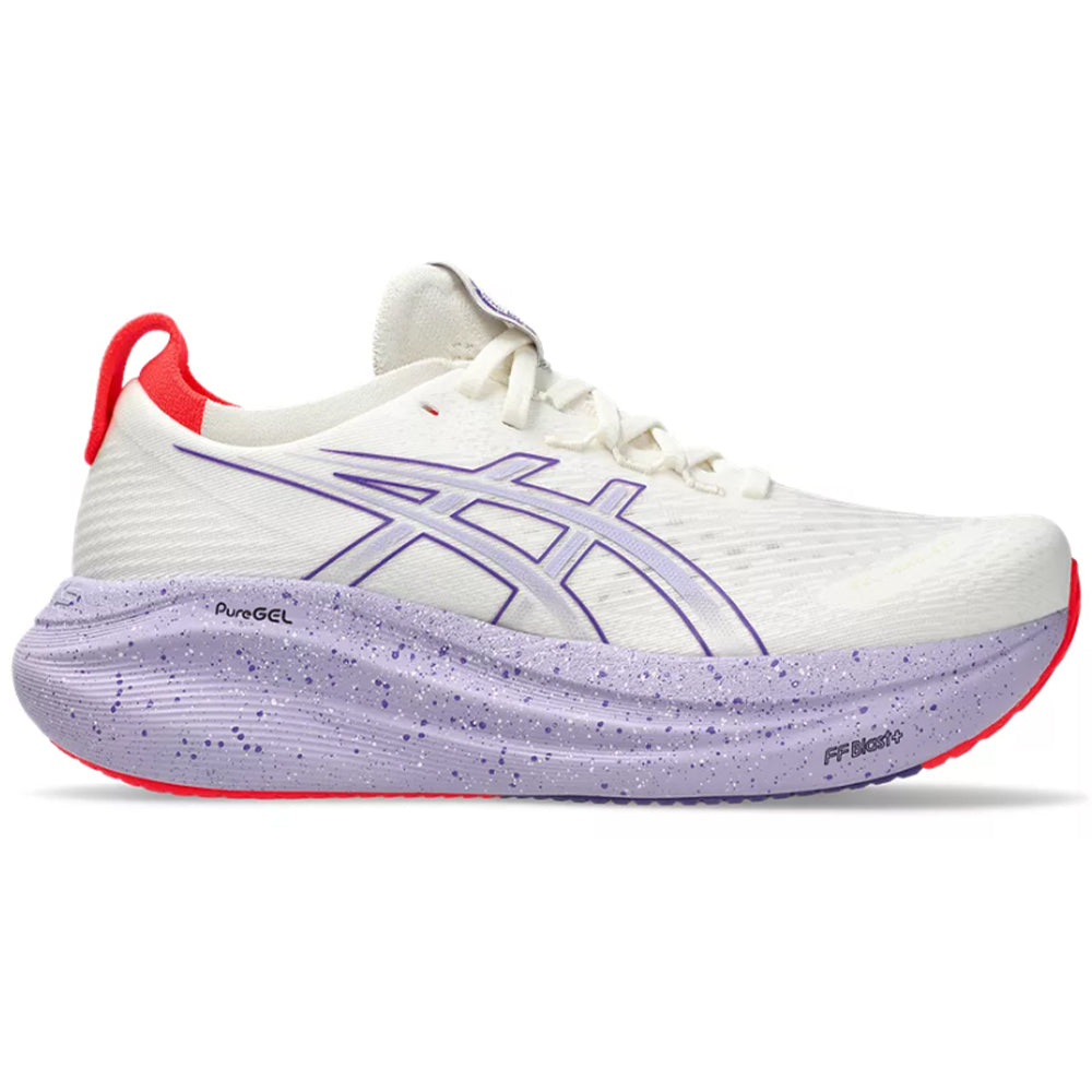Side view on white background of Womens Asics Gel-Nimbus running shoe in Cream/Edo Purple, Medium (Regular) width