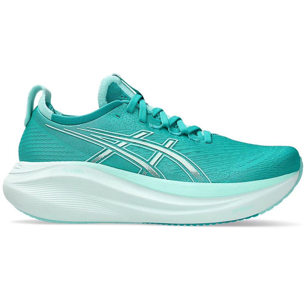 Side view on white background of Womens Asics Gel-Nimbus running shoe in Wave Teal/Illuminate Mint, Medium (Regular) width
