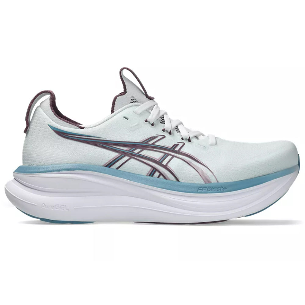 Side view on white background of Womens Asics Gel-Nimbus running shoe in Arctic Blue/Velvet Purple, Medium (Regular) width