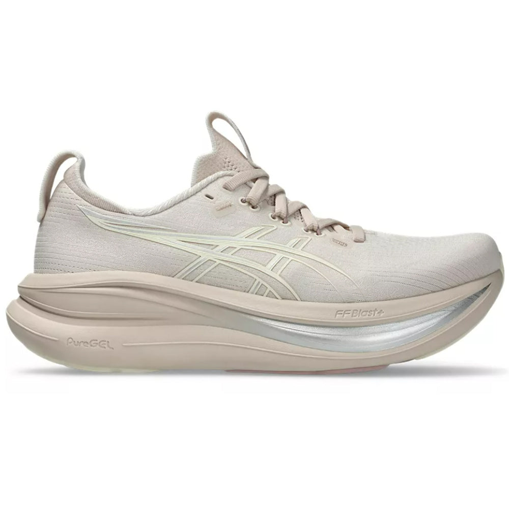 Side view on white background of Womens Asics Gel-Nimbus running shoe in Mineral Beige/Cream, Medium (Regular) width