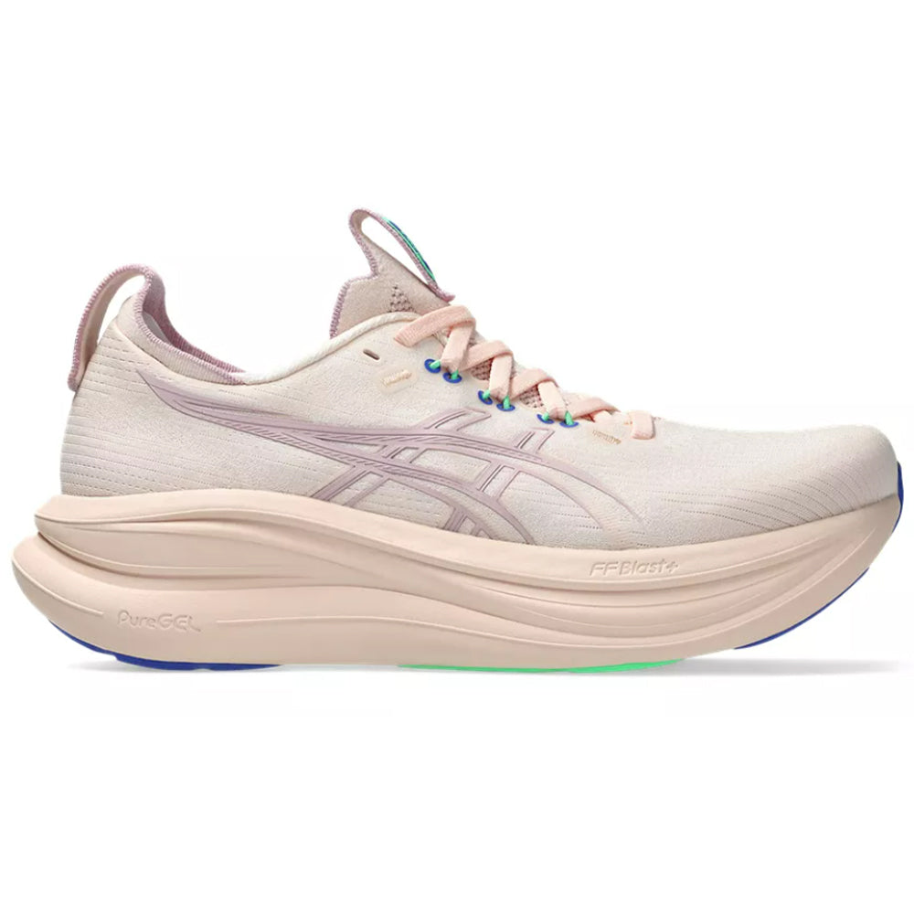 Side view on white background of Womens Asics Gel-Nimbus running shoe in Pearl Pink/Morganite, Medium (Regular) width