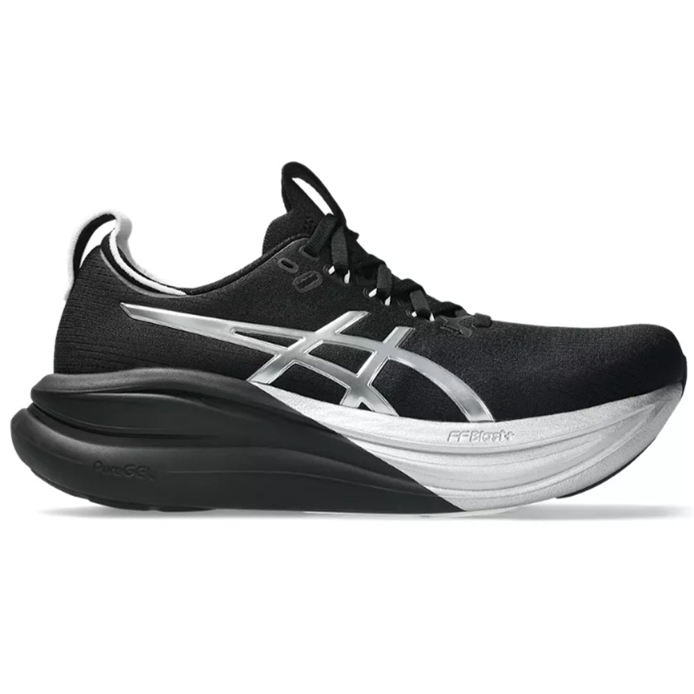 Side view on white background of Womens Asics Gel-Nimbus running shoe in Platinum/Black, Medium (Regular) width
