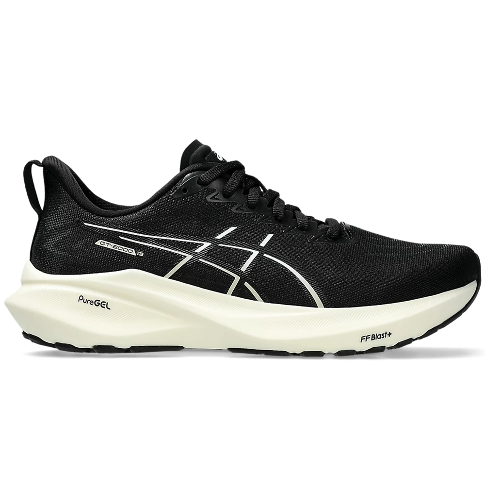 Side view on white background of Womens Asics GT-2000 running shoe in Black/White, Wide width