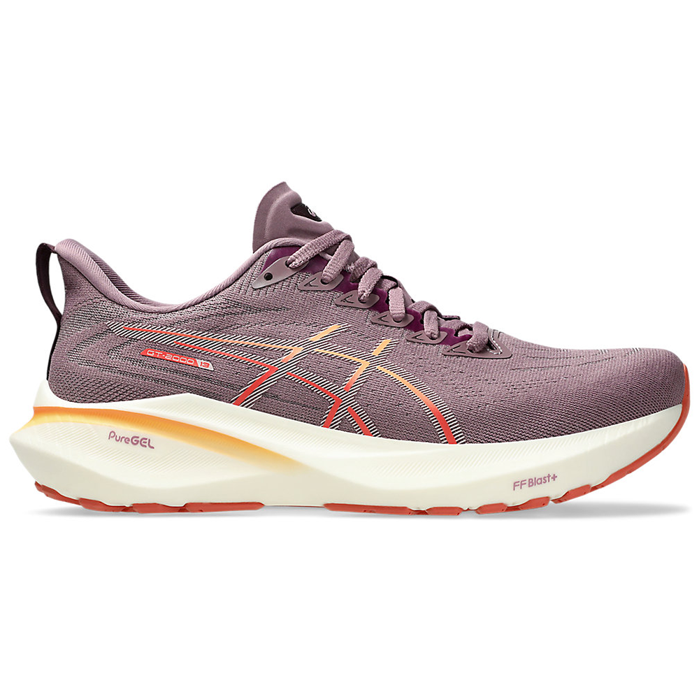 Side view on white background of Womens Asics GT-2000 running shoe in Dusty Mauve/Watershed Rose, Wide width