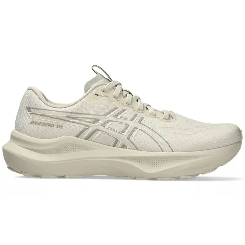 Side view on white background of Womens Asics GT-2000 running shoe in Oatmeal/White, Medium (Regular) width