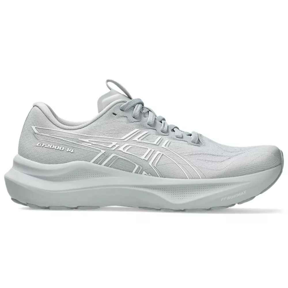 Side view on white background of Womens Asics GT-2000 running shoe in Piedmont Grey/White, Medium (Regular) width