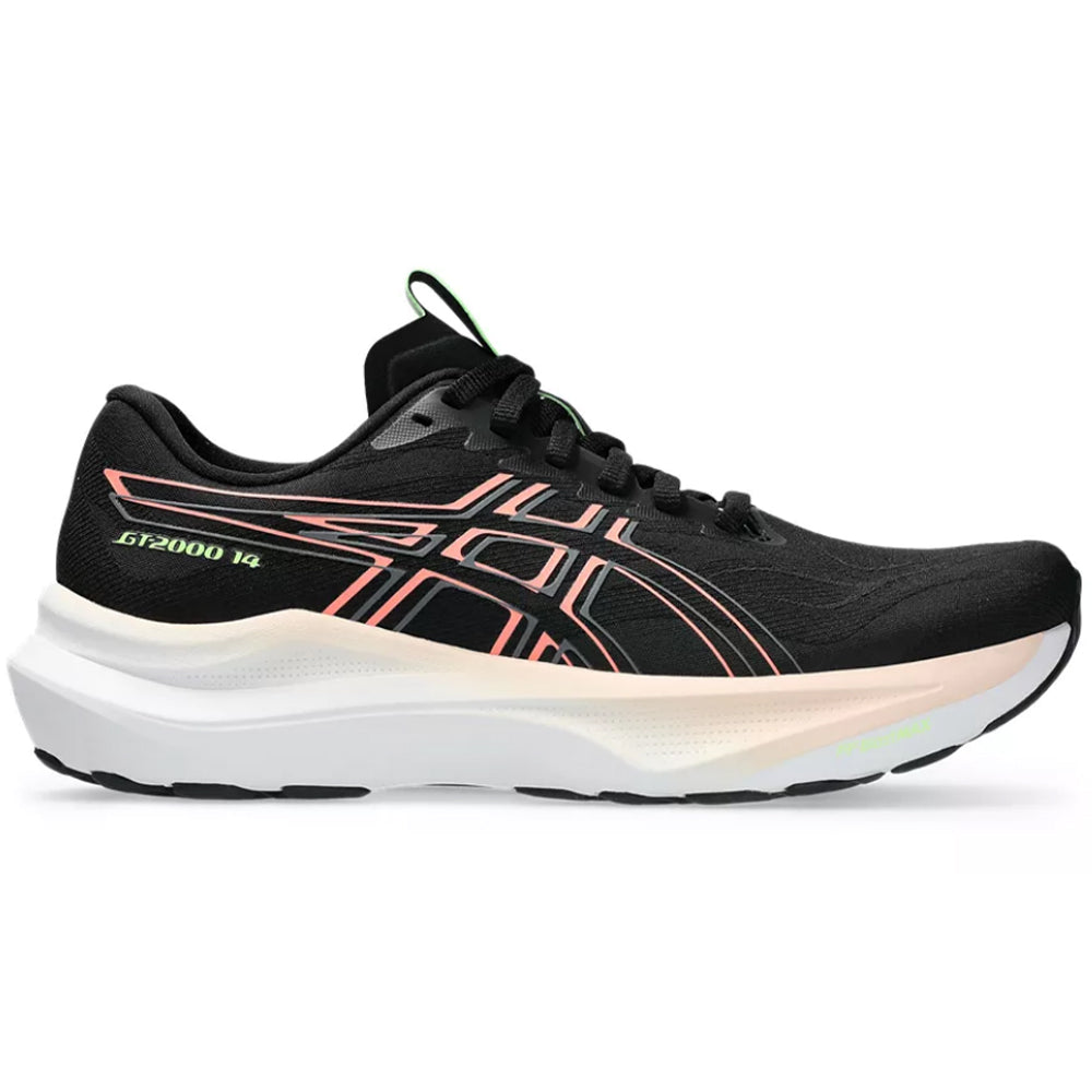 Side view on white background of Womens Asics GT-2000 running shoe in Black/Sun Coral, Medium (Regular) width