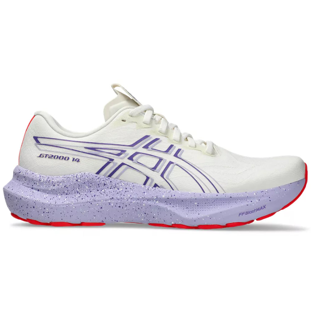 Side view on white background of Womens Asics GT-2000 14 running shoe in Cream/Edo Purple, Medium (Regular) width