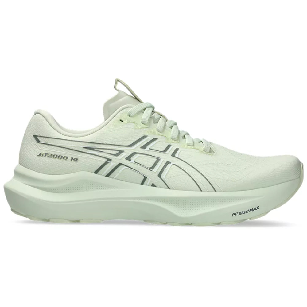 Side view on white background of Womens Asics GT-2000 running shoe in Whisper Green/Monument Blue, Medium (Regular) width