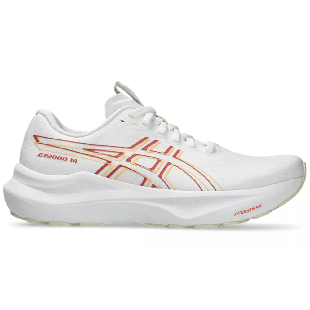 Side view on white background of Womens Asics GT-2000 running shoe in White/Dark Pink Clay, Medium (Regular) width