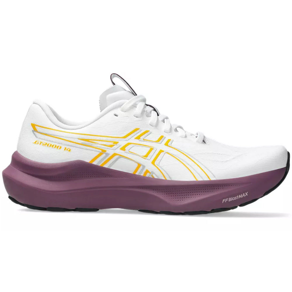 Side view on white background of Womens Asics GT-2000 running shoe in White/Yamabuki, Medium (Regular) width