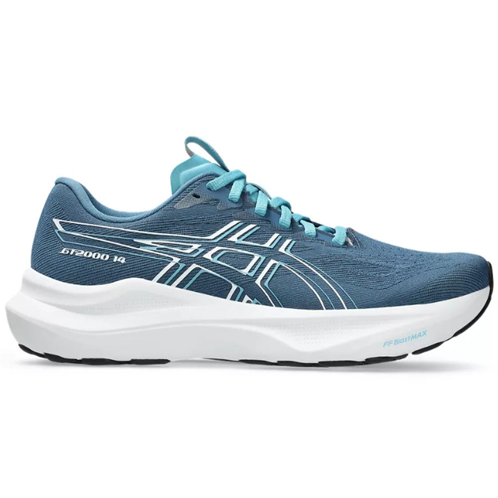 Side view on white background of Womens Asics GT-2000 running shoe in Winter Sea/White, Medium (Regular) width
