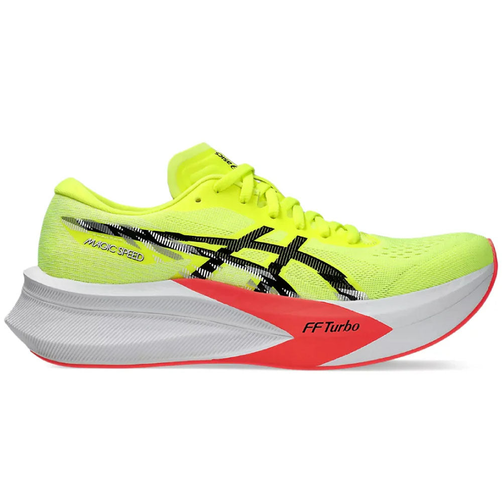 Side view on white background of Womens Asics Magic Speed running shoe in Safety Yellow/Black, Medium (Regular) width