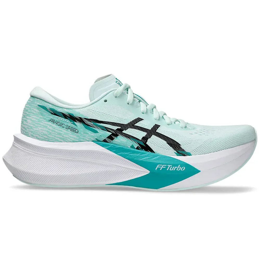 Side view on white background of Womens Asics Magic Speed running shoe in Soothing Sea/Black, Medium (Regular) width