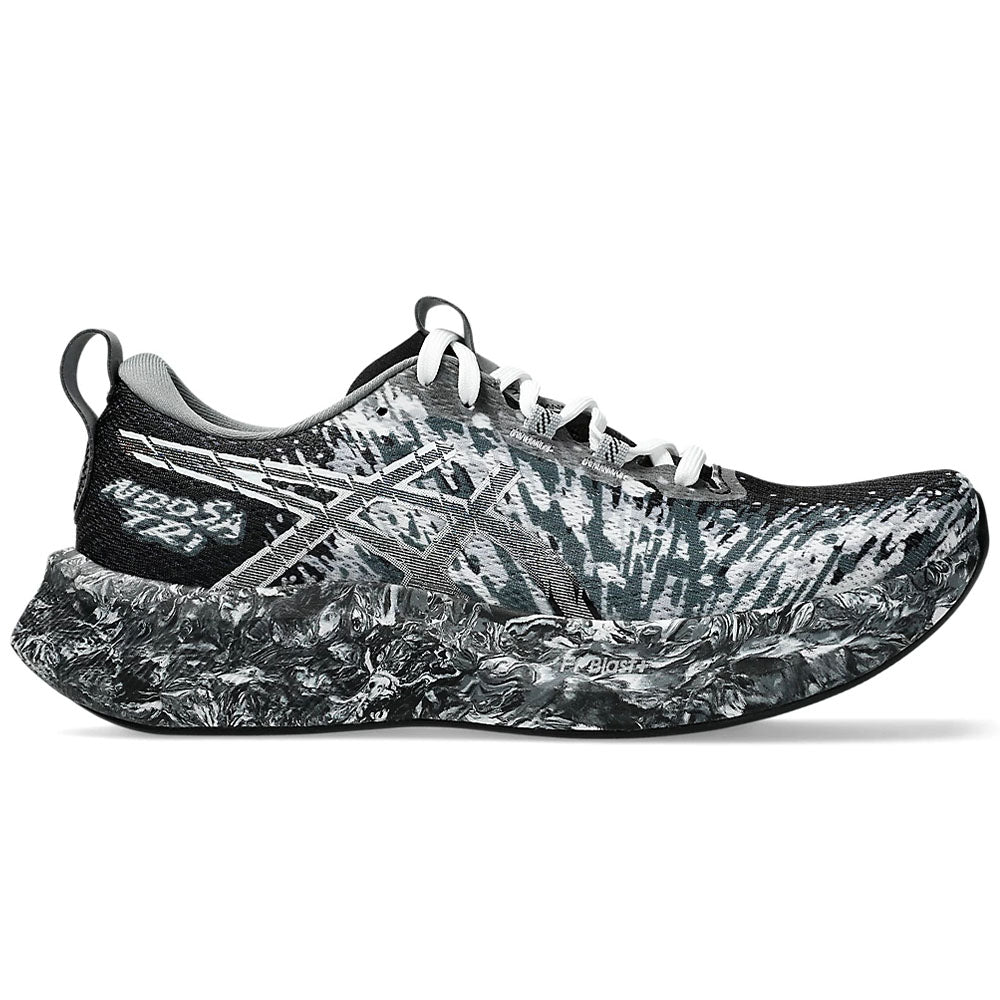 Side view on white background of Womens Asics Noosa Tri running shoe in Black/White, Medium (Regular) width