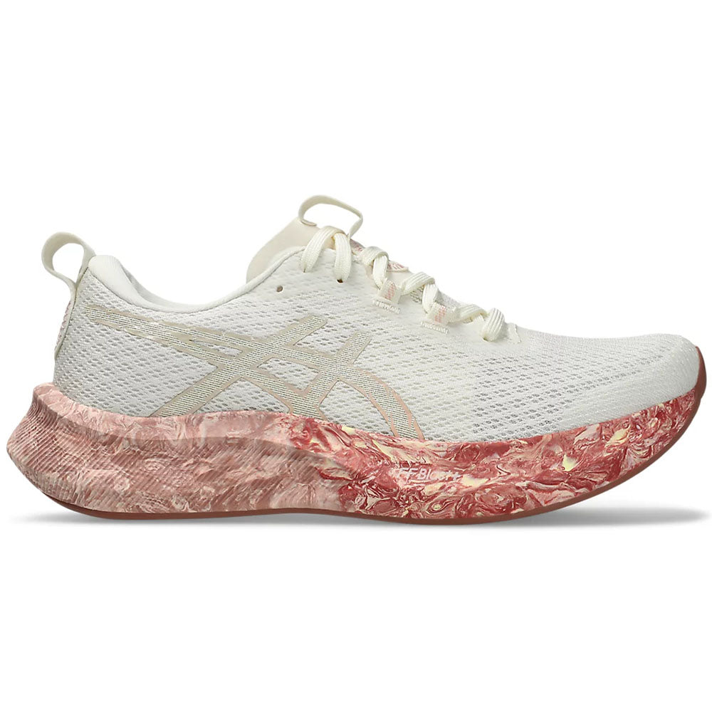 Side view on white background of Womens Asics Noosa Tri running shoe in Cream/Breeze, Medium (Regular) width