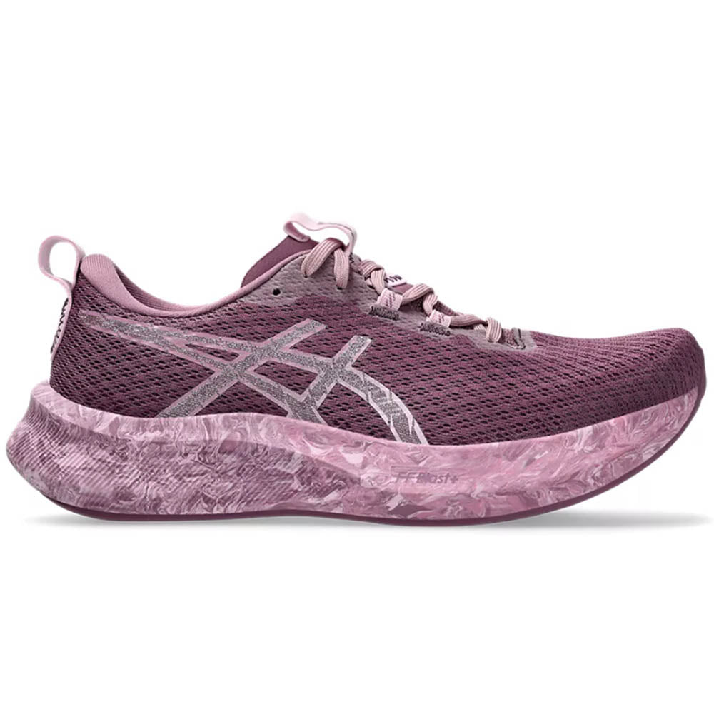Side view on white background of Womens Asics Noosa Tri running shoe in Dark Ube/Light Ube, Medium (Regular) width