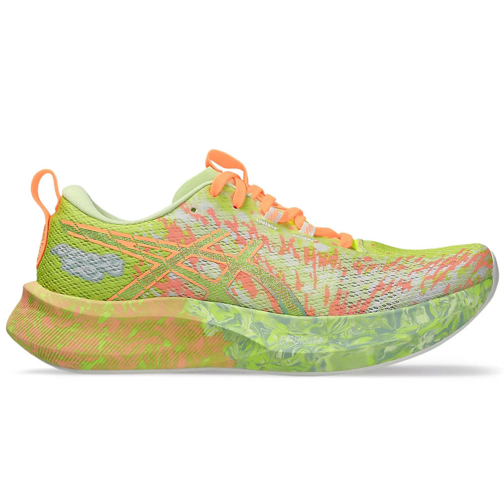 Side view on white background of Womens Asics Noosa Tri running shoe in Safety Yellow/Cool Matcha, Medium (Regular) width
