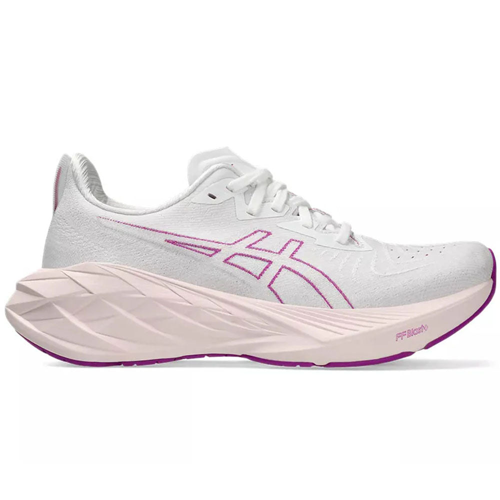 Side view on white background of Womens Asics Novablast running shoe in White/Soothing Sea, Medium (Regular) width
