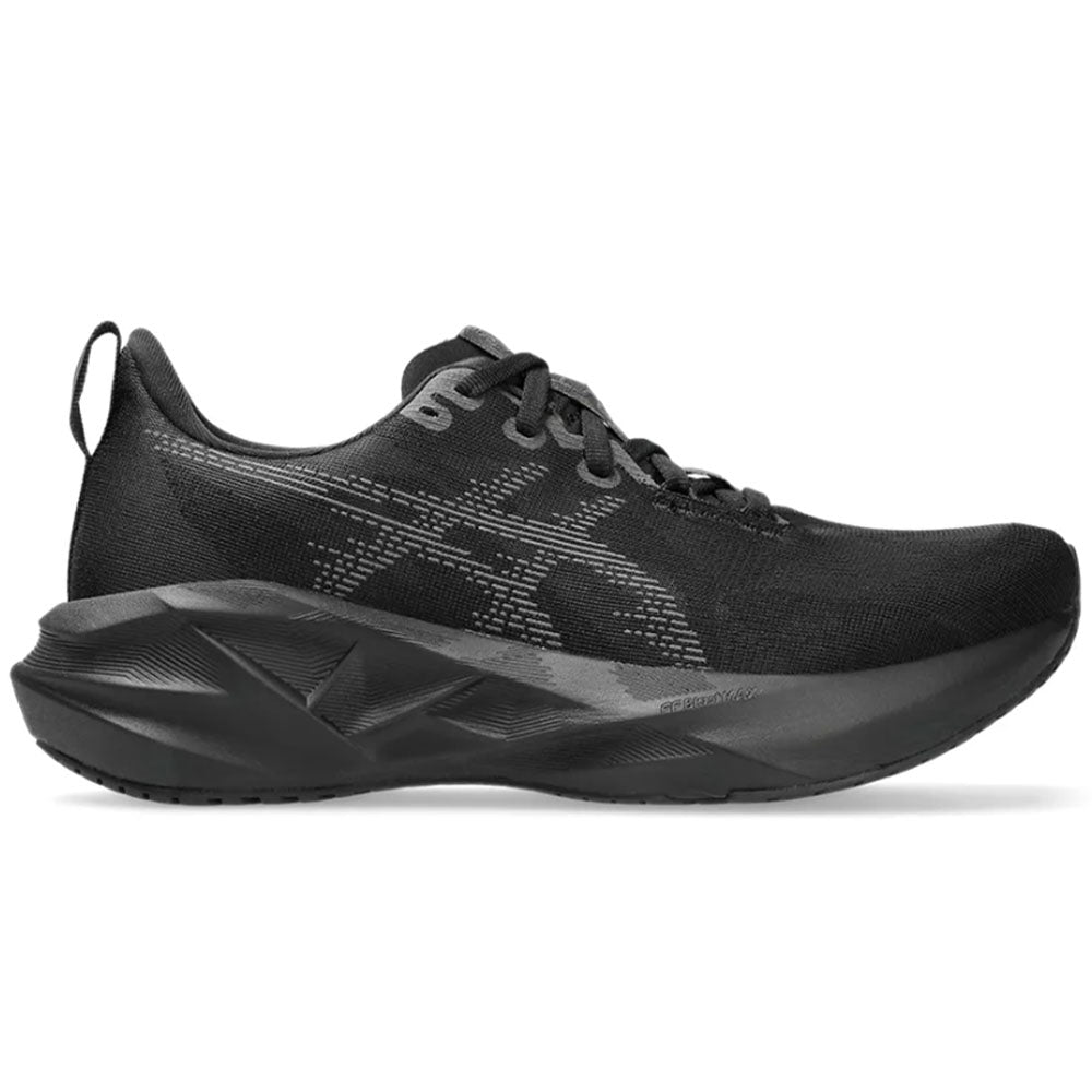 Side view on white background of Womens Asics Novablast running shoe in Black/Carrier Grey, Medium (Regular) width