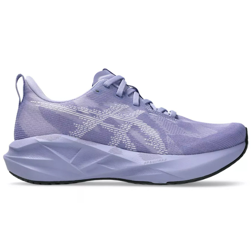 Side view on white background of Womens Asics Novablast running shoe in Bluebell/Lilac Hint, Medium (Regular) width