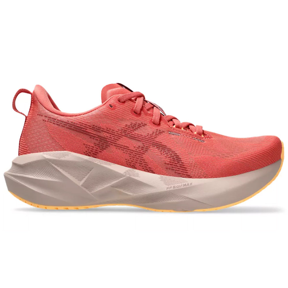 Side view on white background of Womens Asics Novablast running shoe in Dark Pink Clay/Rubble Red, Medium (Regular) width