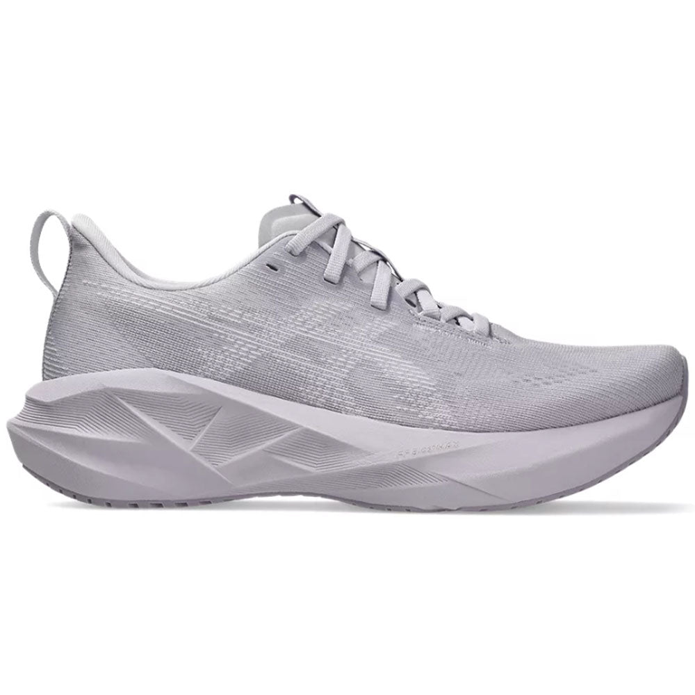 Side view on white background of Womens Asics Novablast running shoe in Dusk Violet/Lilac Hint, Medium (Regular) width