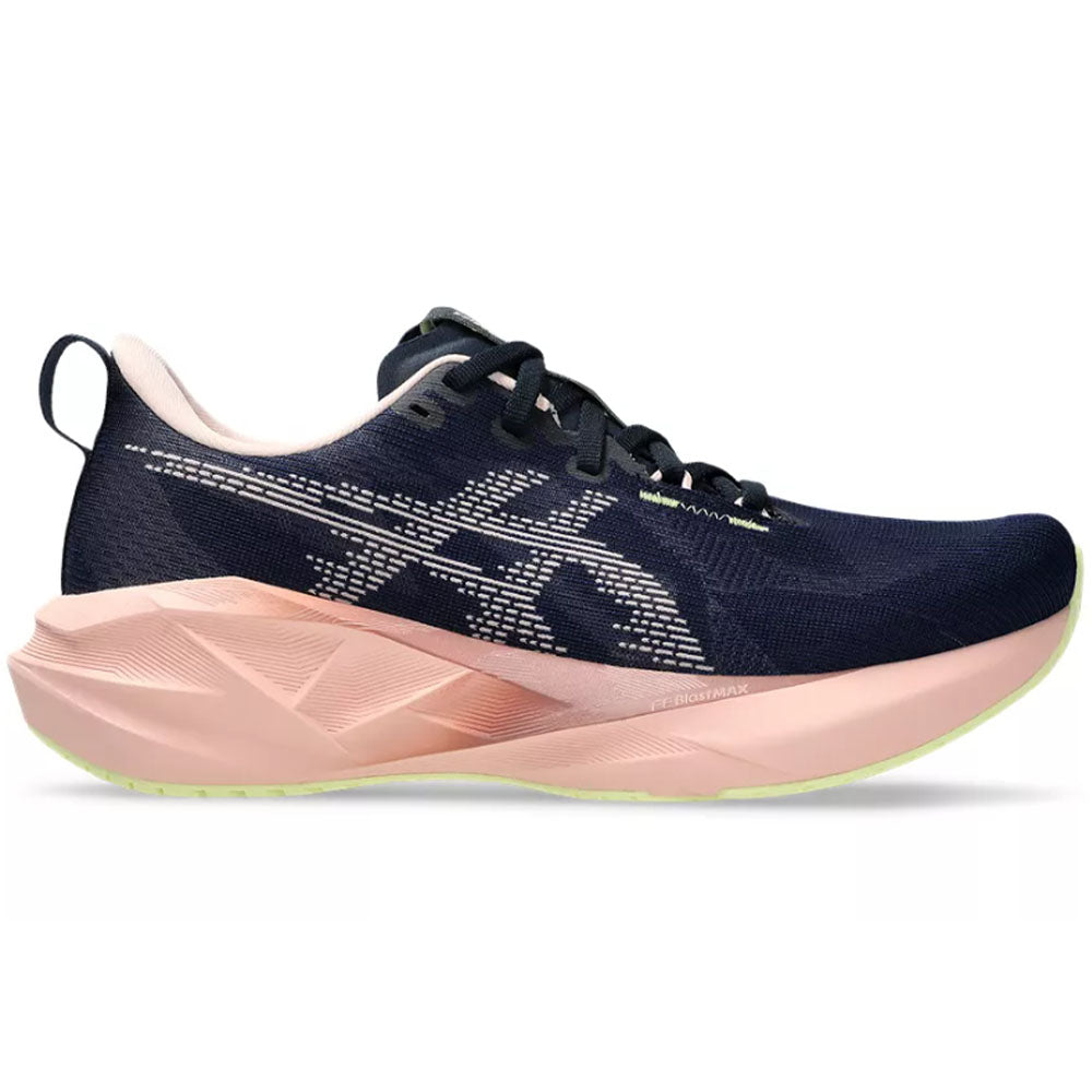Side view on white background of Womens Asics Novablast running shoe in Midnight/Breeze, Medium (Regular) width