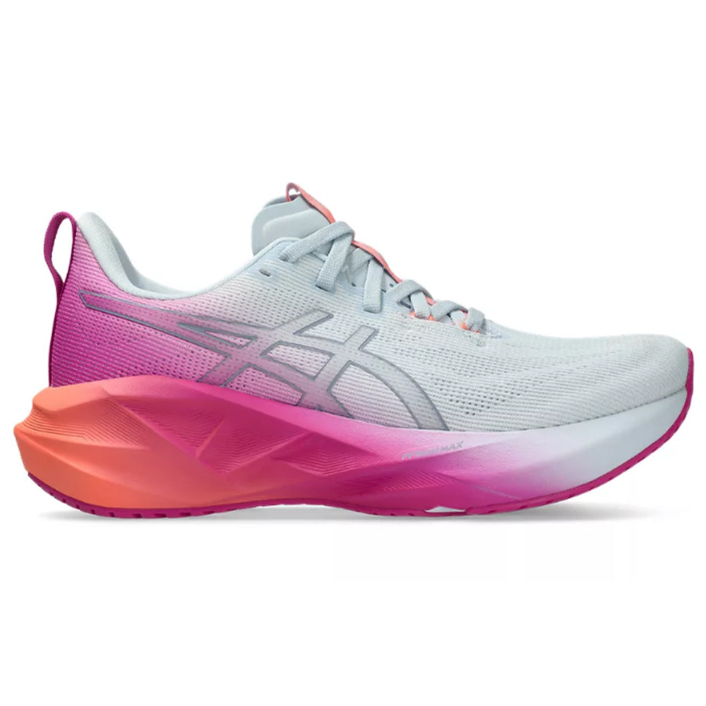 Side view on white background of Womens Asics Novablast running shoe in Sky/Digital Sakura, Medium (Regular) width