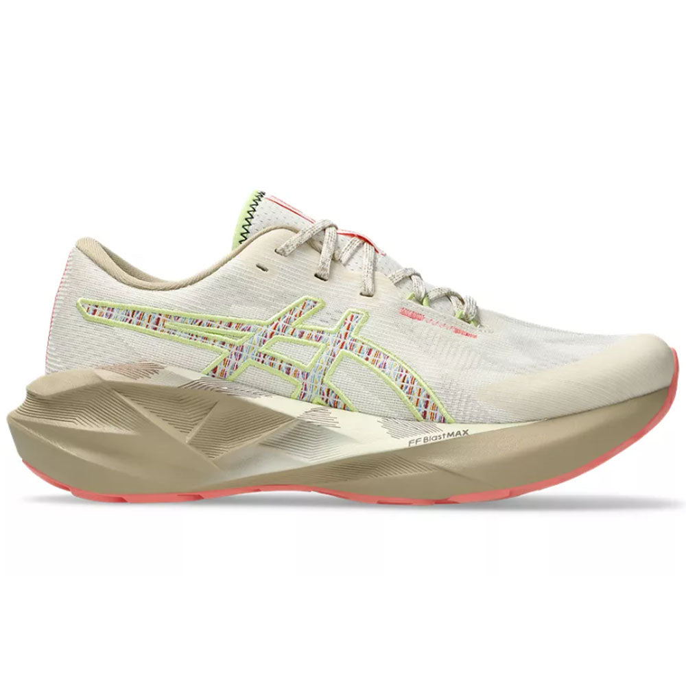 Side view on white background of Womens Asics Novablast running shoe in Nature Bathing/Guava, Medium (Regular) width