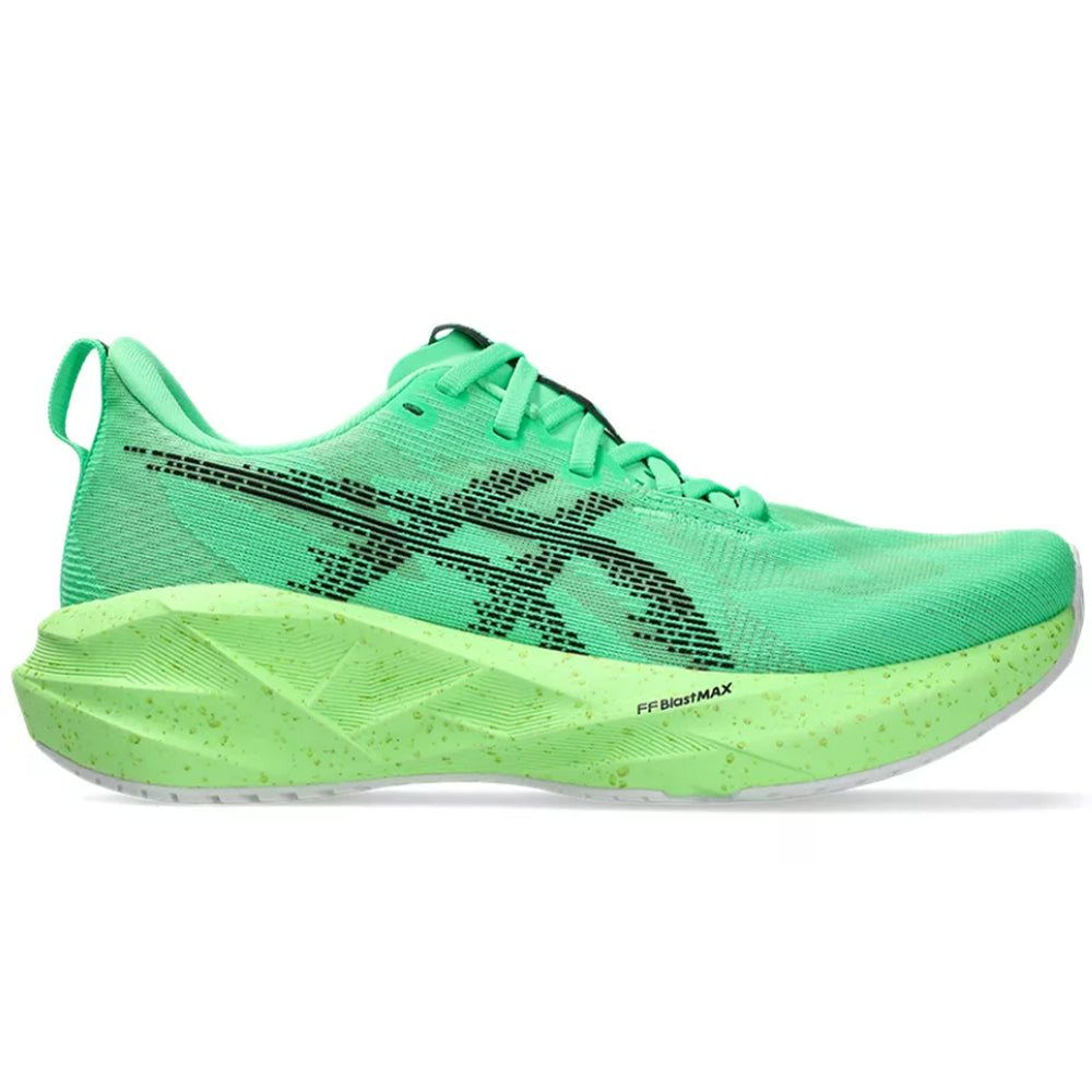 Side view on white background of Womens Asics Novablast running shoe in Vital Green/Black, Medium (Regular) width