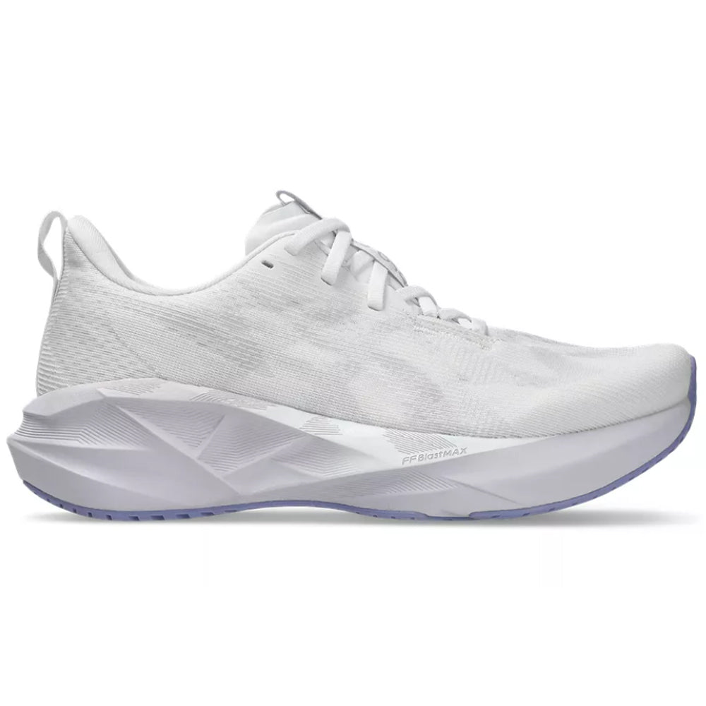 Side view on white background of Womens Asics Novablast 5 running shoe in White/Lilac Hint, Wide width